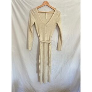 The Group Babaton Ribbed Knit Long Sleeve Button Front Midi Dress Beige Medium